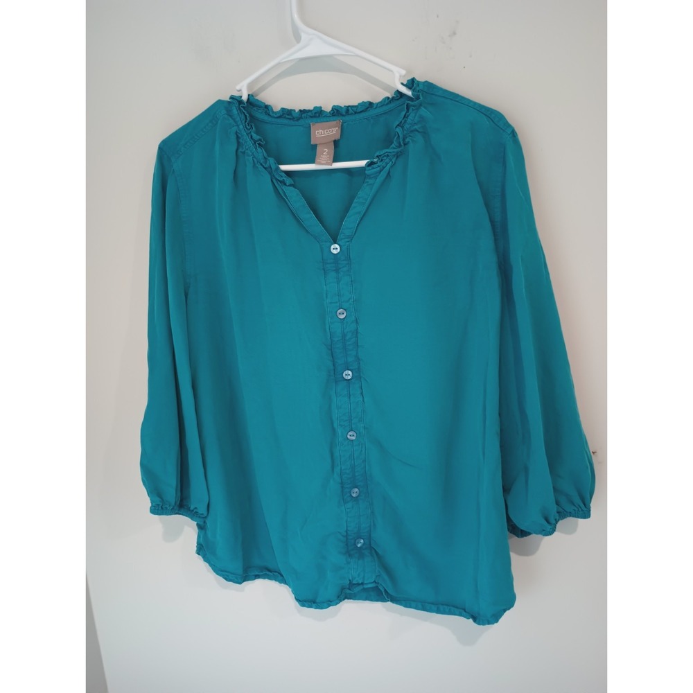 Chico's Size 2 Top Womens Teal Blue Ruffle V-Neck Button Front Blouse 100%...